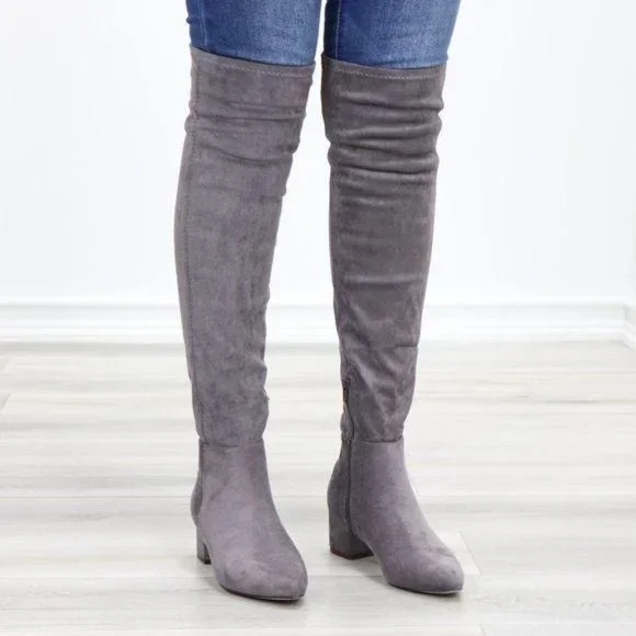 Pointy Toe Over The Knee Gray Boots Faux Suede - Picture 2 of 12